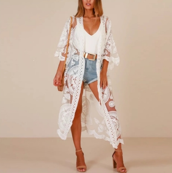 mesh sheer kimono beach cover Tops - Sheer Soft Kimono Cotton Embroidered Beach…